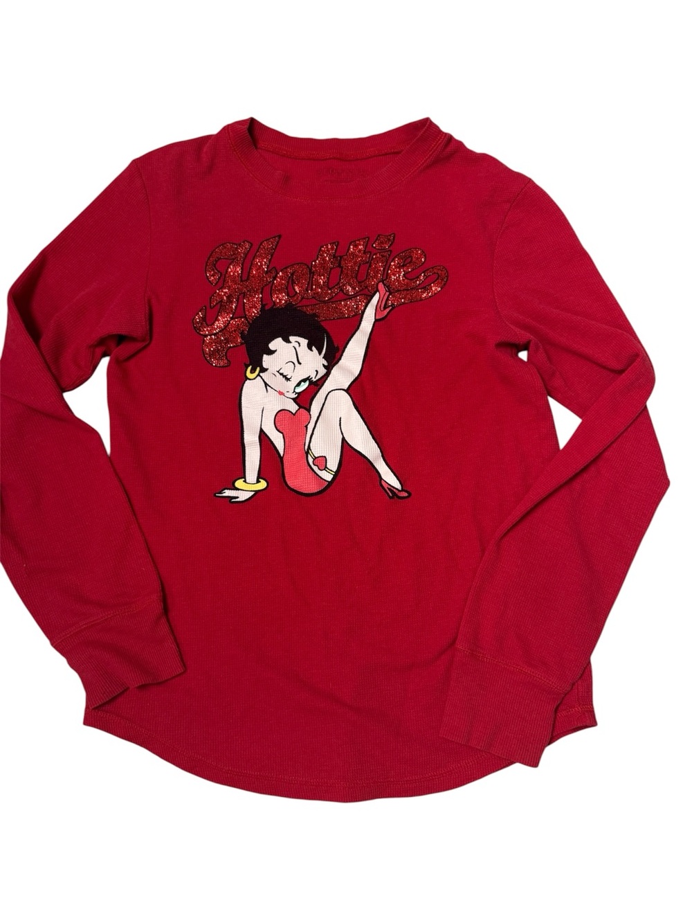 Y2K Betty Boop shirt Red Long Sleeve Graphic Top with Glitter "Hottie"